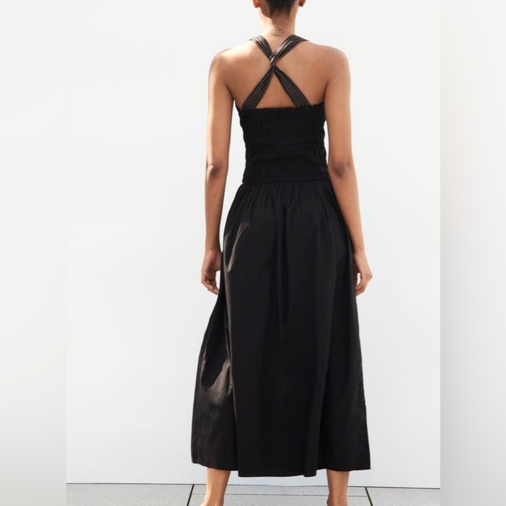ZARA Topstitched Black Midi Dress with Pockets 100% Cotton Size M NWT - Picture 2 of 15